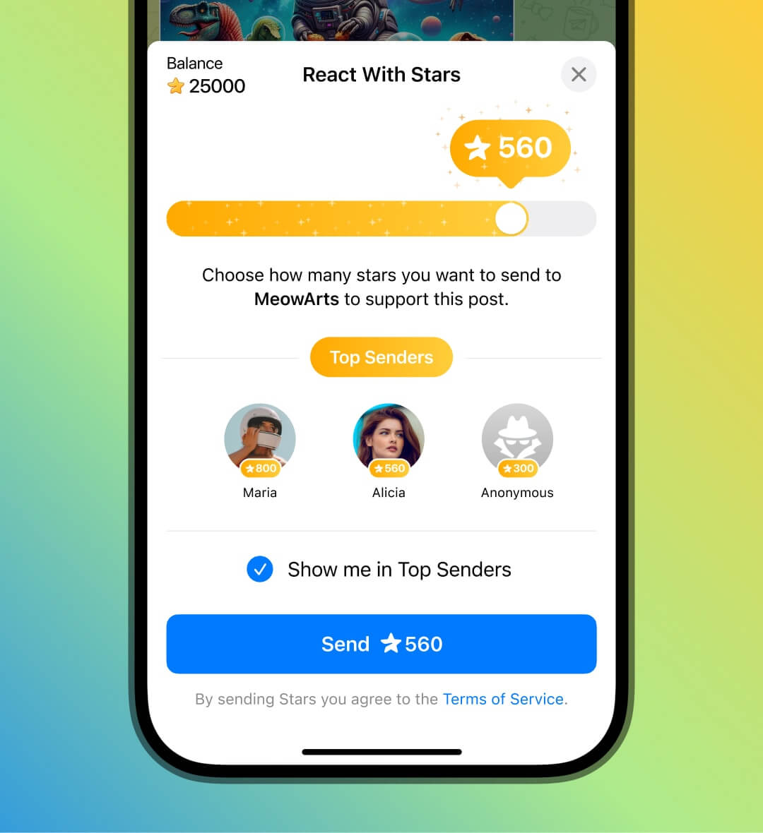 Reaction leaderboard showing top star senders