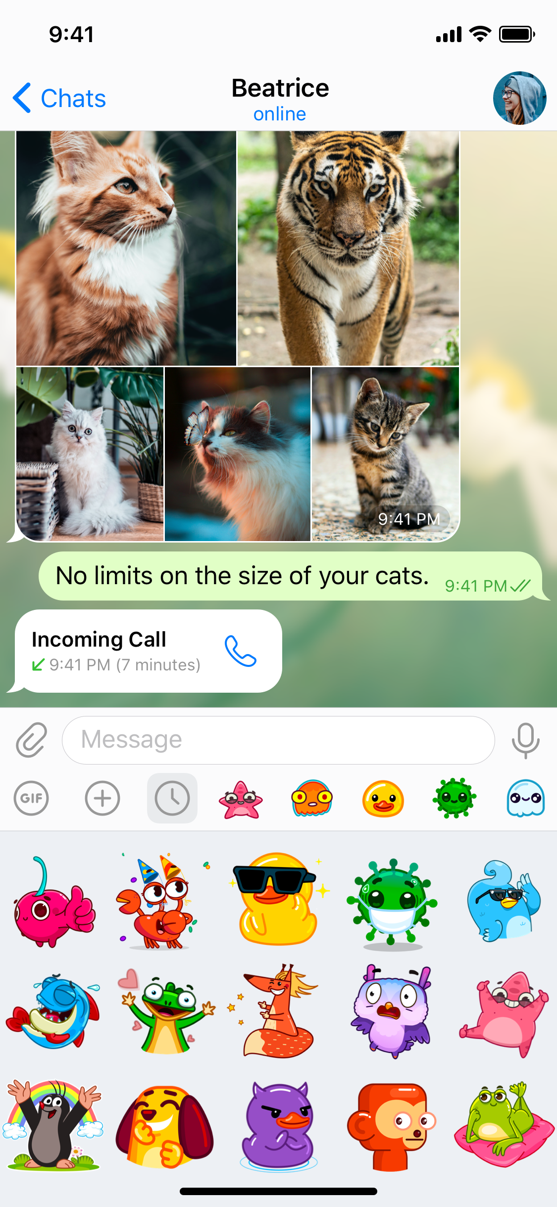 Telegram chat with the sticker panel open